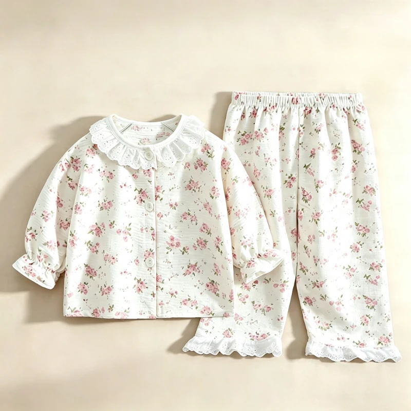 Kinder Mädchen Hauskleidung Sets Lose Dünne Kinder-Pyjamas Spitze Blumenmuster Prinzessin Langarm-Oberteil+Hose 2-teiliges Set Mädchenbekleidung – Detail 13