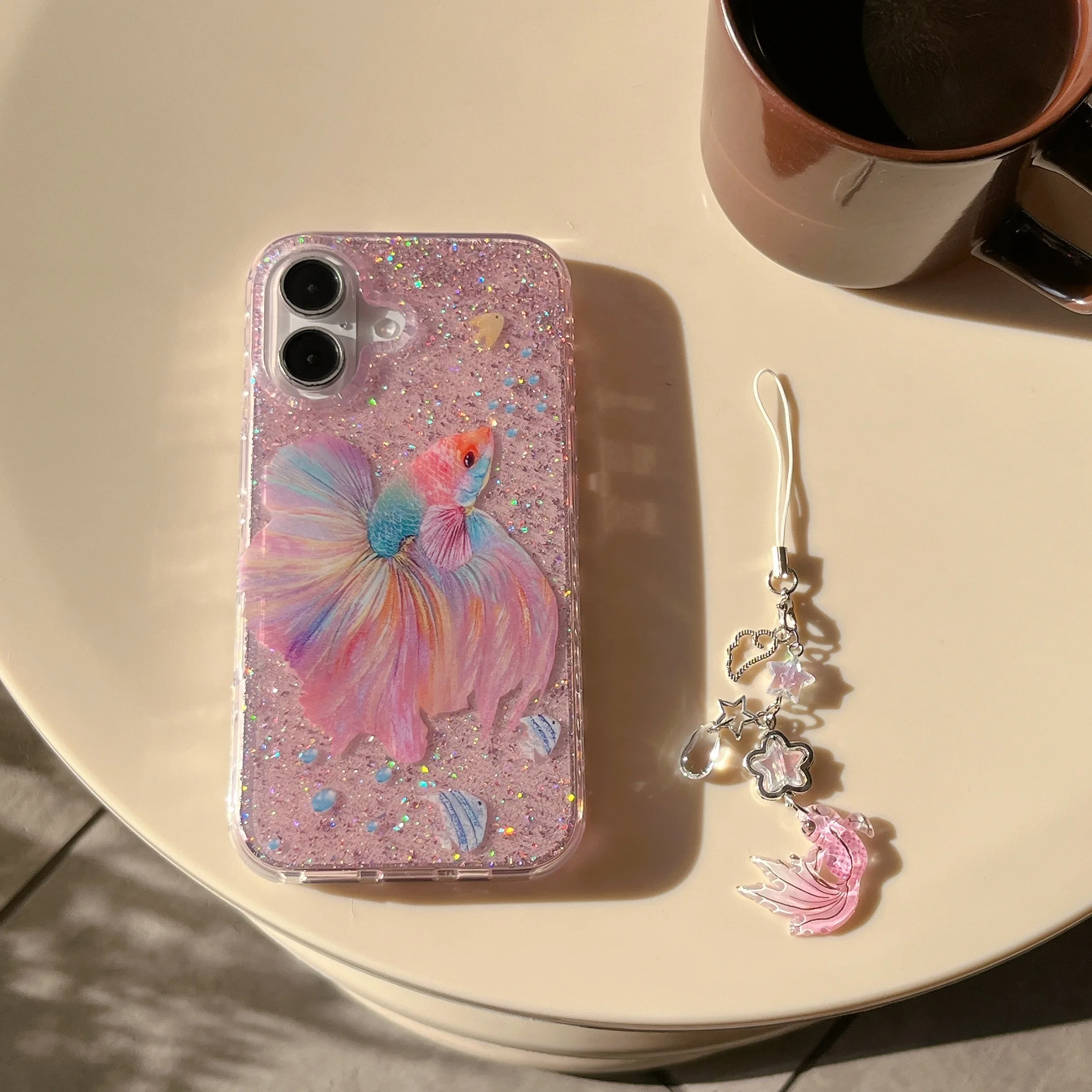 Stunning Pink Shining Goldfish Glittering witth Fish Dangle Phone Case for iPhone 16 15 14 11 12 13 Pro Max Plus Back Cover