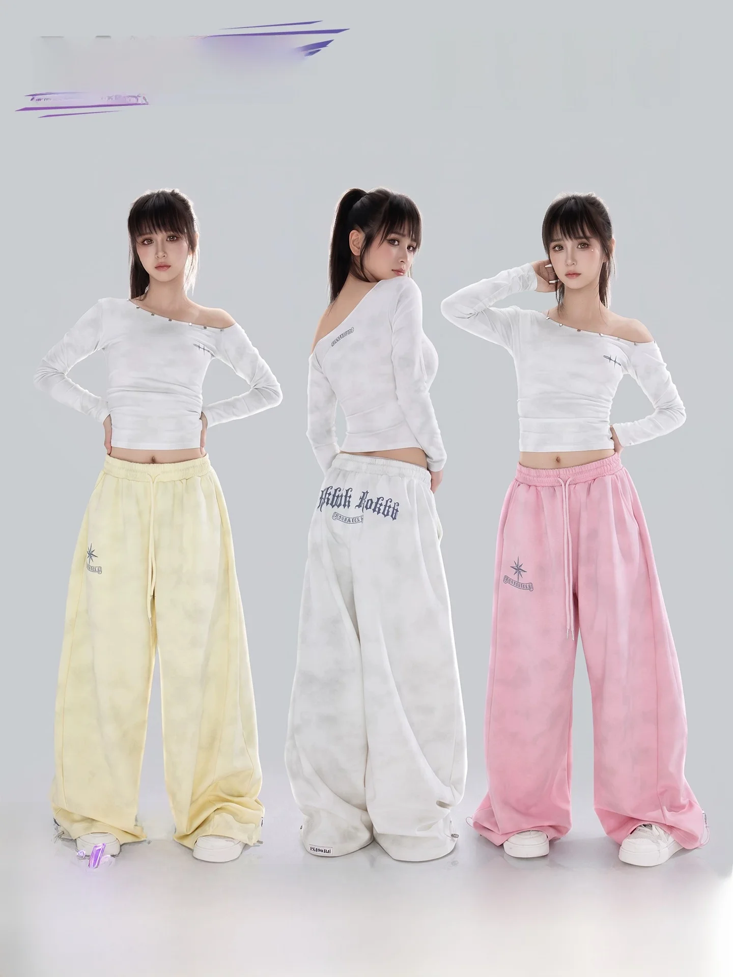 

Loose Drawstring Sporty Wide Leg Casual Pants Women's Comfortable Elastic Waist Polyester Cotton Blend Knitted Trousers