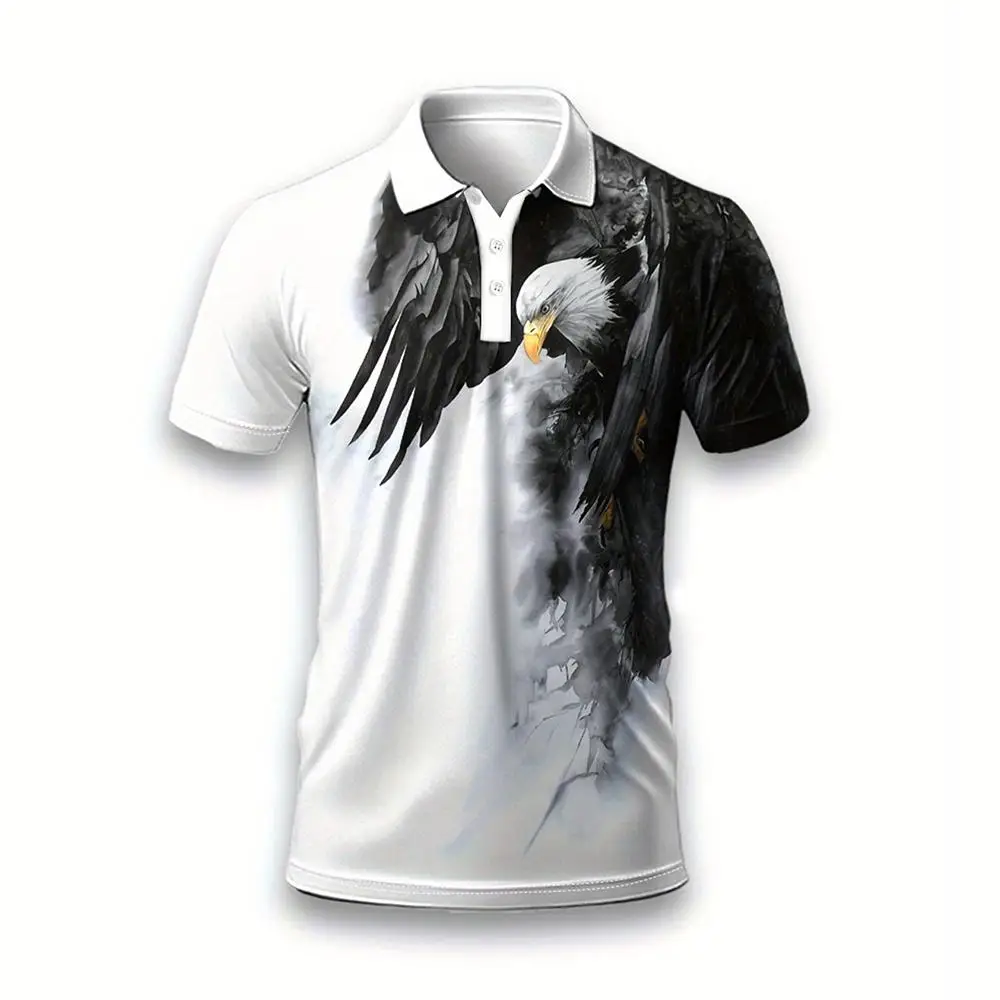 Eagle Graphic Men's Polo Shirt Summer Cozy Breathable Trendy Streetwear Daily Casual Versatile Lapel Button Short Sleeve Tops