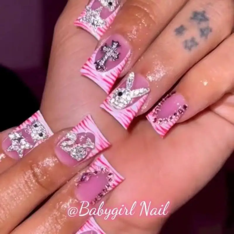 Manicura con forma de pico de pato de diamantes de imitación de gatito Barbie, Anime Y2K, Europa y América, uñas hechas a mano, puntas largas, diseño de uñas