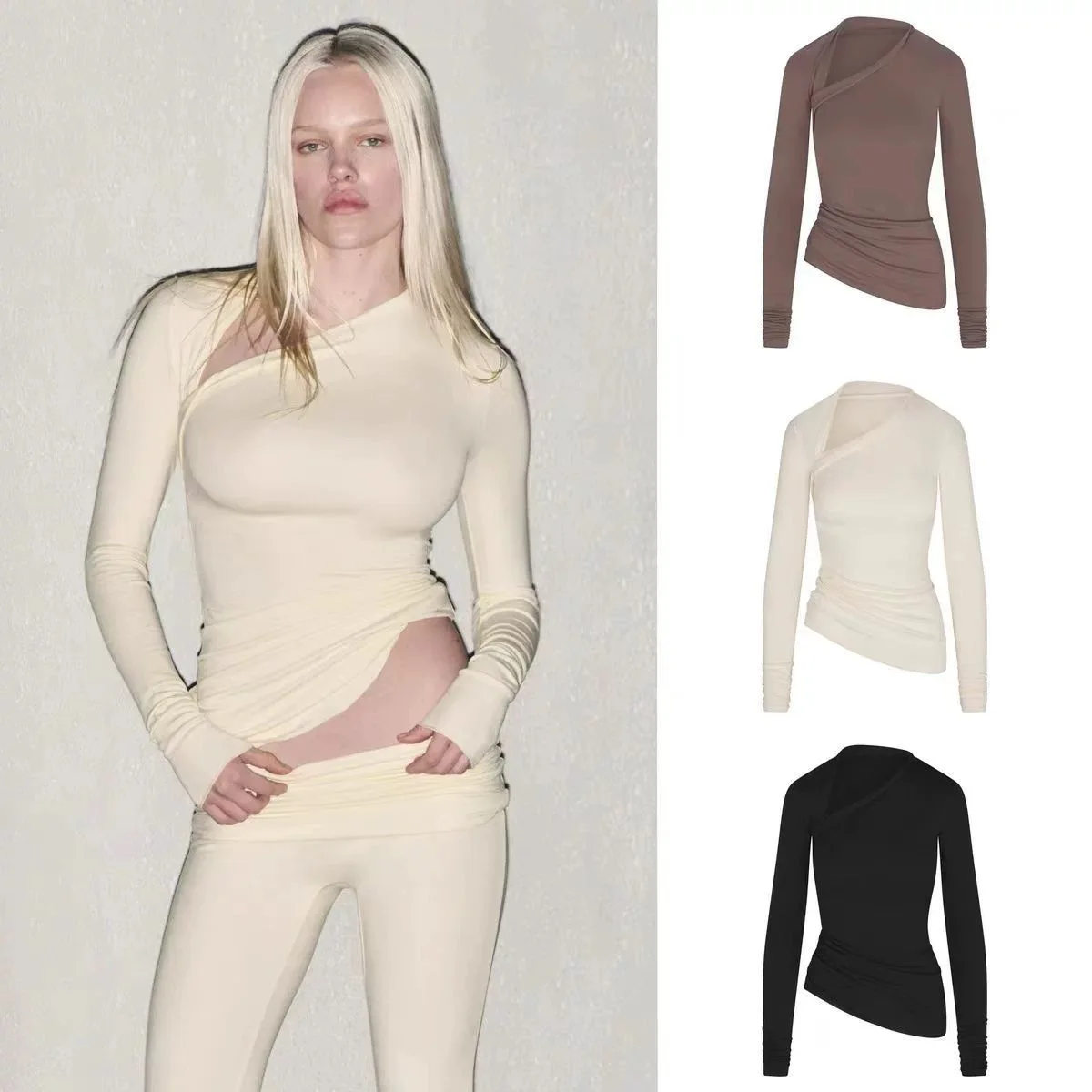 مجموعة تنورة بنطال علوي بأكمام طويلة وياقة مائلة غير متناظرة من سلسلة Kim Cloud Gentle