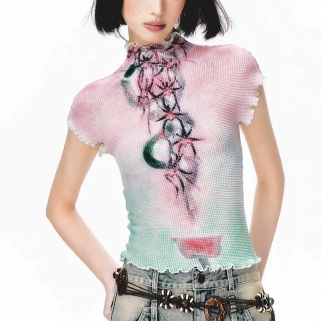 

American Print Ruching Turtleneck Tee 2025 Summer Cropped Slim Fit Top Baddie Aesthetic Cartoon Short Sleeve Shirt