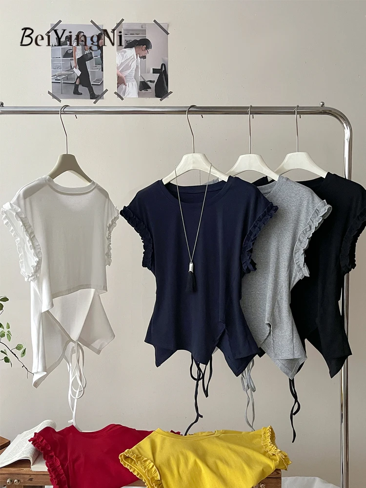 

Beiyingni French Sexy Backless Women T Shirts Plain Lace-up 2025 Summer Korean Short Sleeve Tops Female Y2K Irregular T-shirt