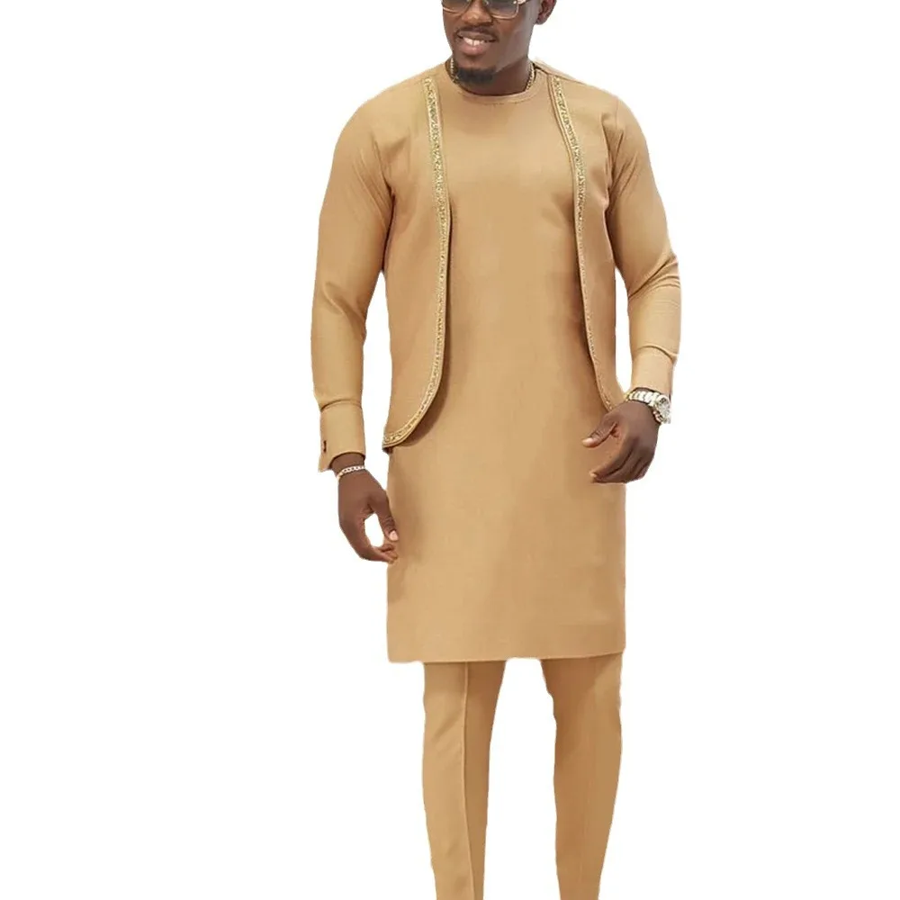 African Ethnic Style Men's Patchwork Cotton Suits with Long Sleeves and Long Trousers, Casual Two-piece Set in Dubai, Arabia