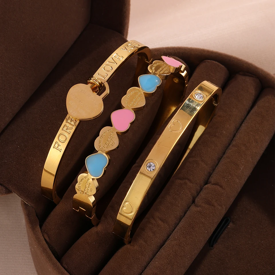 Yupsk 3 قطع/مجموعة سوار من الفولاذ المقاوم للصدأ مع عناصر قلب عصرية مقاومة للماء ومتينة قابلة للتكديس مجوهرات متعددة الاستخدامات للنساء #5