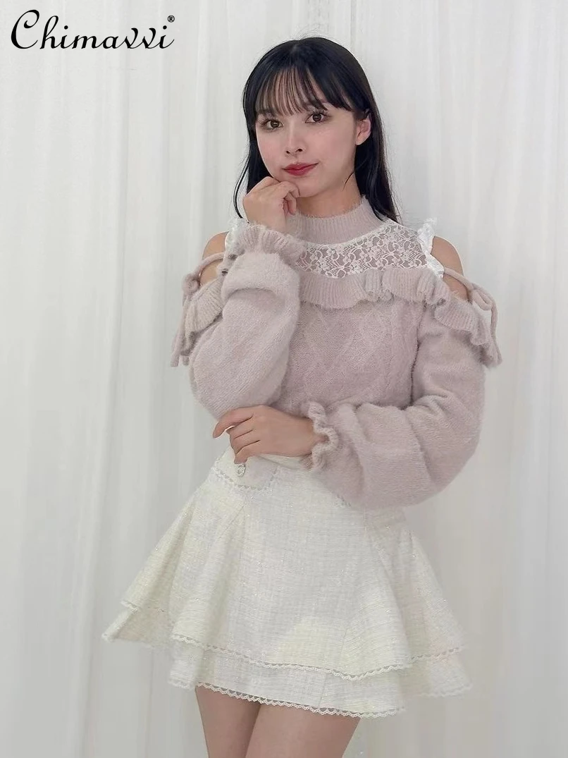 

New Japanese Sweet Girl Knitted Pullover Sweater Women Autumn Winter New Off Shoulder Lace Bow Hollow Out Lolita Knitwear Top