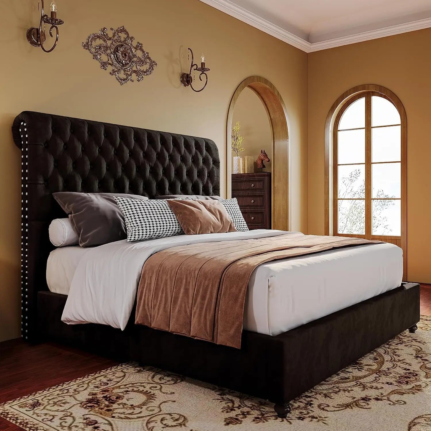King Velvet Upholstered Bed Frame with 52.8 Inch Sleigh Headboard, Black Tufted Platform Bed, Wood Slats, Solid Wood Legs