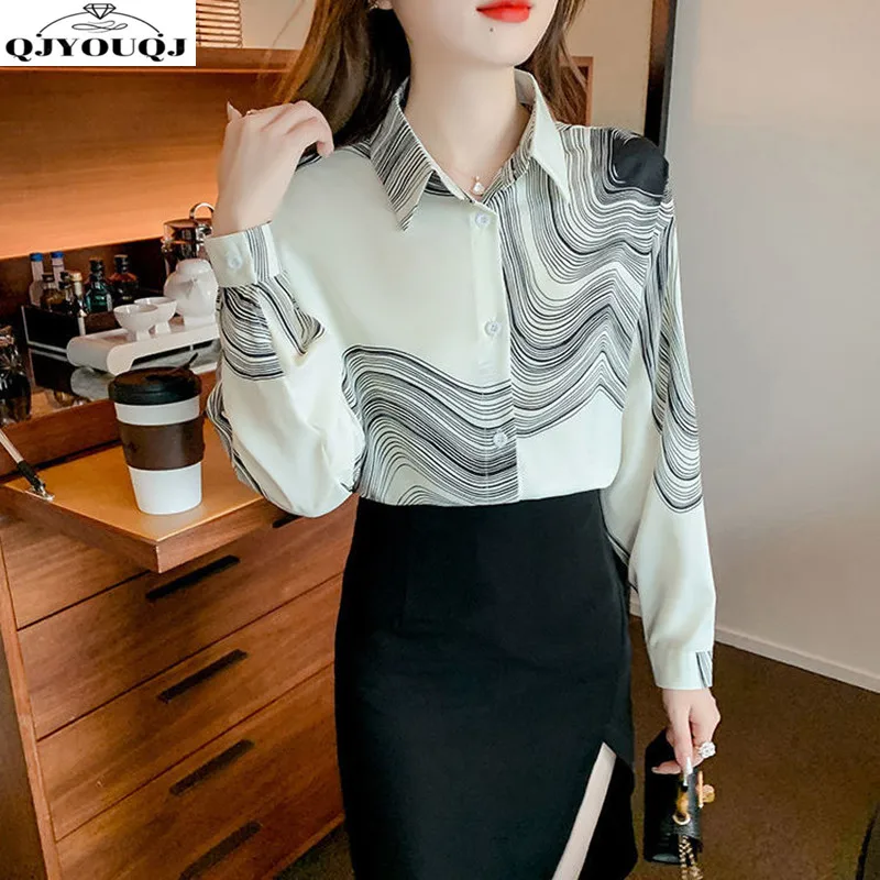 

White Line Ink Dyed Shirt Design Versatile Top Spring/Summer Long sleeved Loose Chiffon Women's Shirt