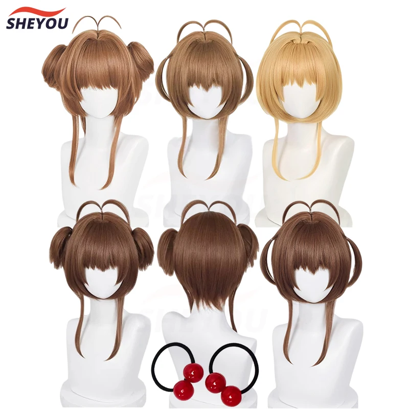 

High Quality Sakura Kinomoto Cosplay Wig Anime Card Captors Sakura Cosplay Heat Resistant Synthetic Hair Halloween Wigs + WigCap