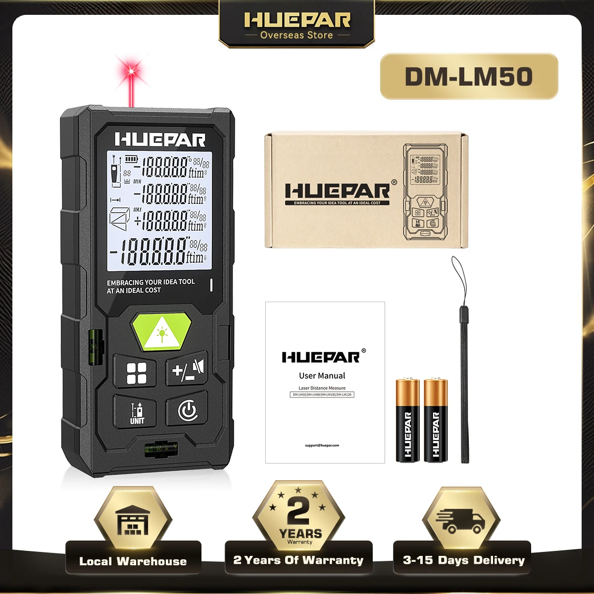Huepar DM-LM50 Misuratore Laser di Distanza 50M con Sensore Angolare e Display LCD Retroilluminato (Unità M/in/Ft/Ft_in)