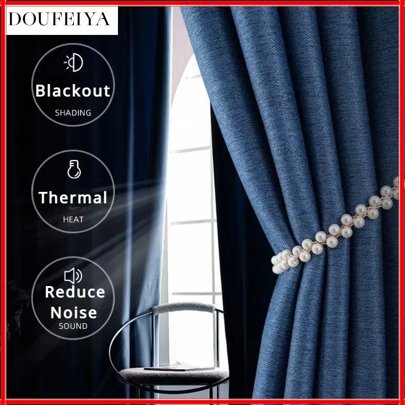 310cm Height Pure Color Blue Window 85%-99% Blackout Thickened Cotton Linen Cutains for Living Room Bedroom Luxury Custom Size