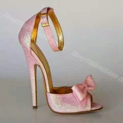 Elegante sandália bowknot rosa para mulheres, fivela de tornozelo, peep toe, estilo britânico, sapatos casuais para festas