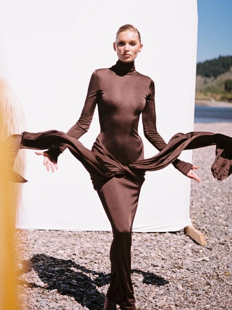 

Winter Sexy Turtleneck Lace-up Draped Long Dress Women Brown Long Sleeves Pleated Slim Dresses Evening Party Cocktail Gowns