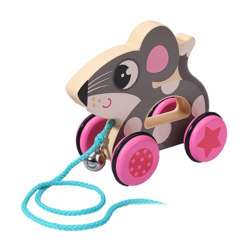 Coche tracción madera colorido para niños, juguete dibujos animados animales, carrito timbre W3JF