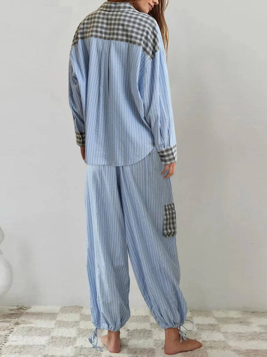 Ensemble pyjama à carreaux pour femmes, chemise boutonnée à manches longues, taille élastique, jambe large, surintendant, vêtements de nuit, vêtements de détente