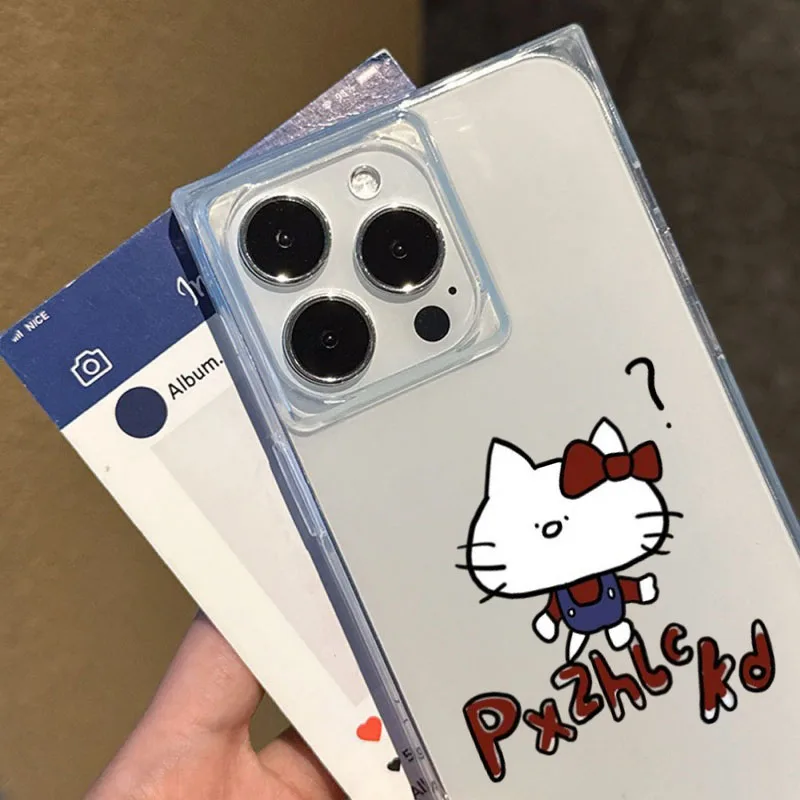 Hello Kitty Funda de teléfono suave cuadrada transparente a prueba de golpes Airbags de esquina compatibles con iPhone 12 13 14 15 16 17
