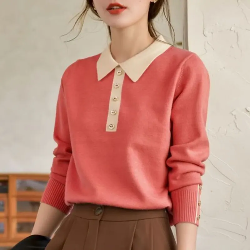 Office Lady Autumn Winter New Solid Color Patchwork Sweaters Elegant Peter Pan Collar Fashion Button Korean Casual Loose Jumpers