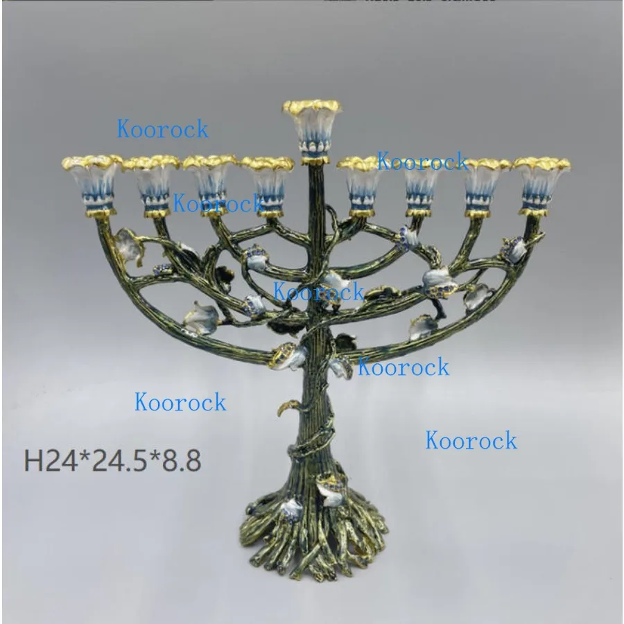 Jewish Hanukkah Temple of God Menorah, Jerusalem Gurdwara Candlestick alloy copper enamel colored holiday party, 9 branches