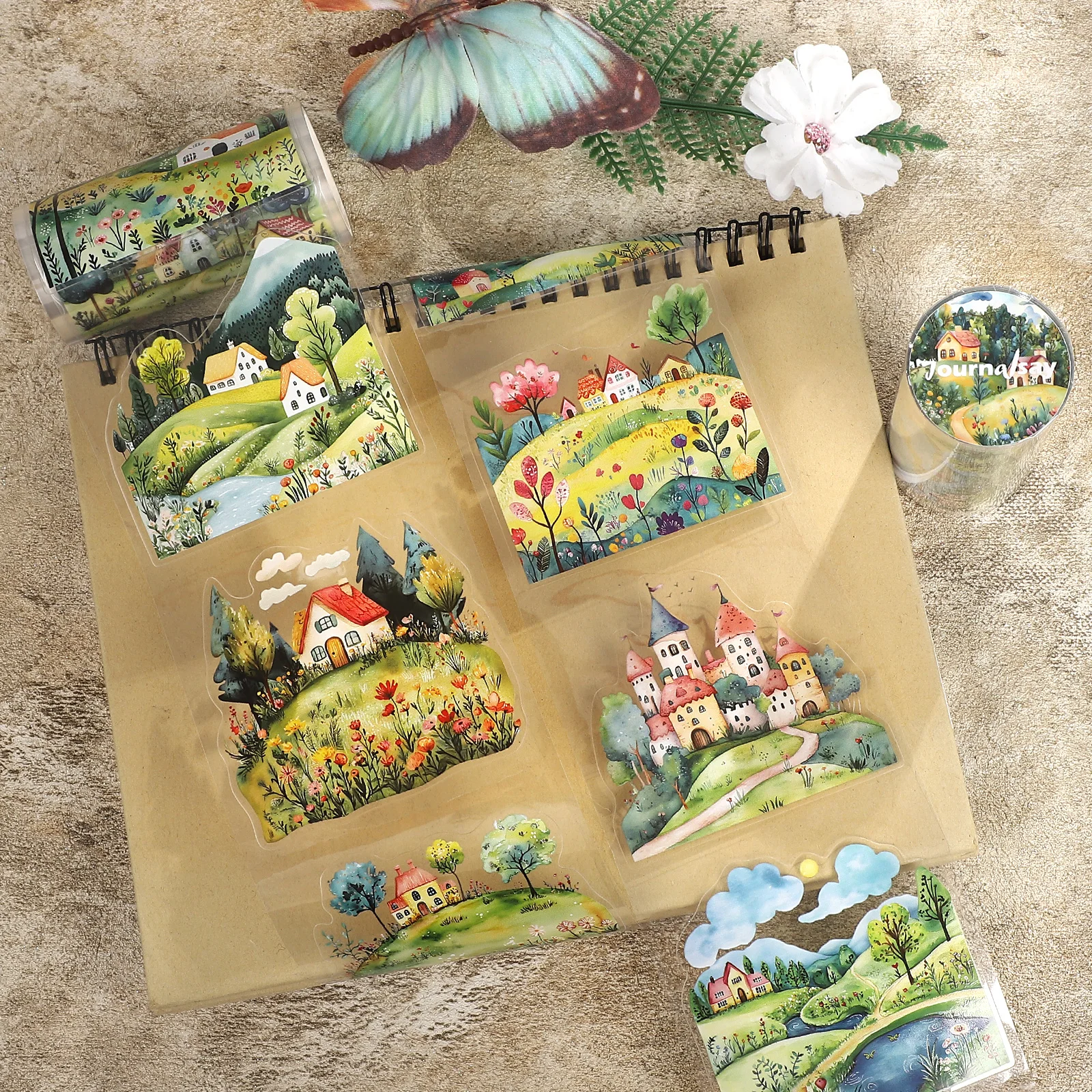 fita-pet-vintage-de-80mm-197cm-com-tema-de-campo-Arvores-flores-e-casas-para-scrapbooking-colagem-e-material-criativo-diy-para-diario