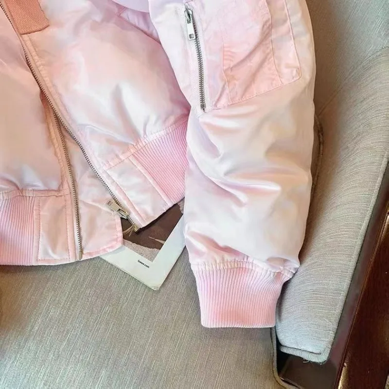 Women's Clothing Pink Stand-up Collar Thicken Baseball Jacket Short Top Outerwear Petite Autumn Winter New Sweet Parkas