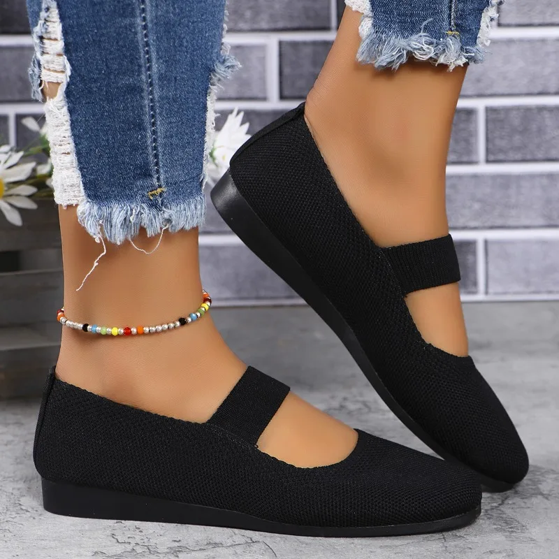 Autumn New Womens Fashion Round Toe Flat Non-Slip Womens Shoes Solid Color Mesh Shallow Mouth Slip-On Women Shoes Large Size