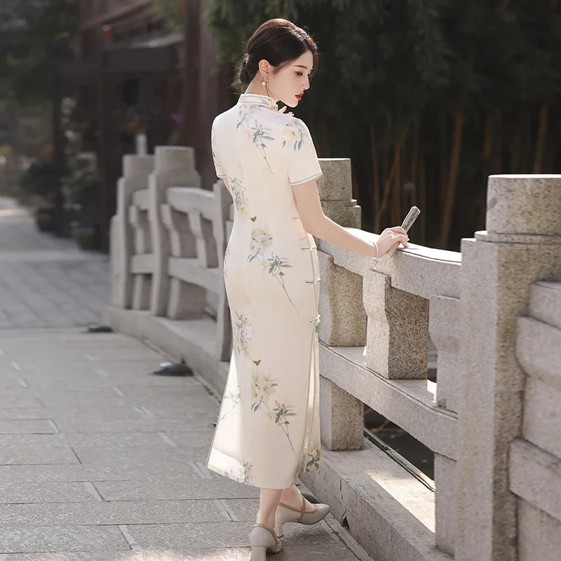 Baru musim semi dan musim panas Catwalk foto lapisan ganda gaya Cina Retro temperamen Cheongsam panjang