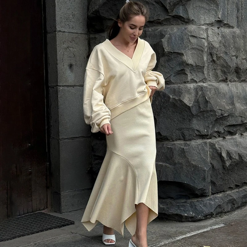 

Tornova Fashion Fishtail Skirt Women's Suits Solid Color V-Neck Tops High Waist Slim Long Skirt Leisure Set Autumn New Clothing