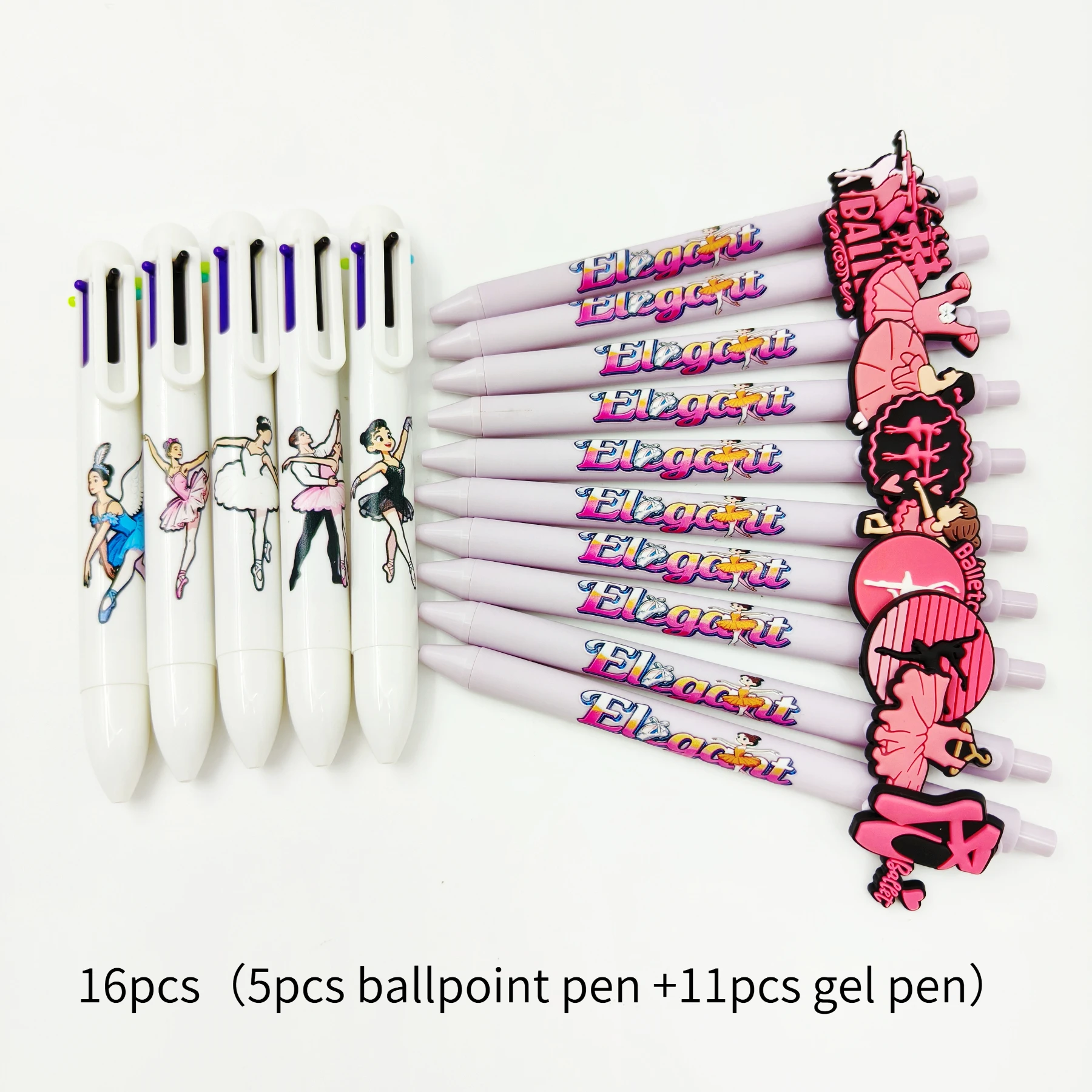 16pcs(5pcs ballpoint pen +11pcs gel pen) Ballet modeling patch printing pen 6-in-1 multicolor ballpoint pen