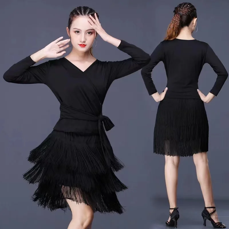 New Women Dresses Tassel Dance Skirt Latin Dancing Long Sleeve Dress Latina Black Sexy Girls Adult Costume Rumba Modern dance