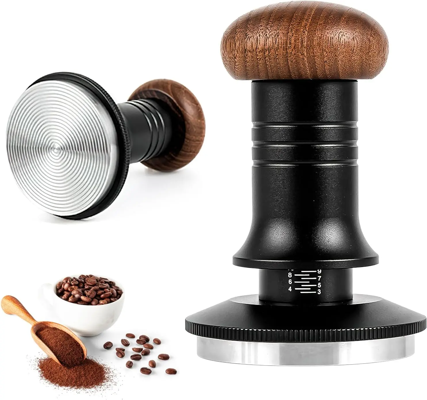 Adjustable 30lb Coffee Tamper Professional Espresso Tamper with Walnut Handle, 51/53/58mm Leveling Tool