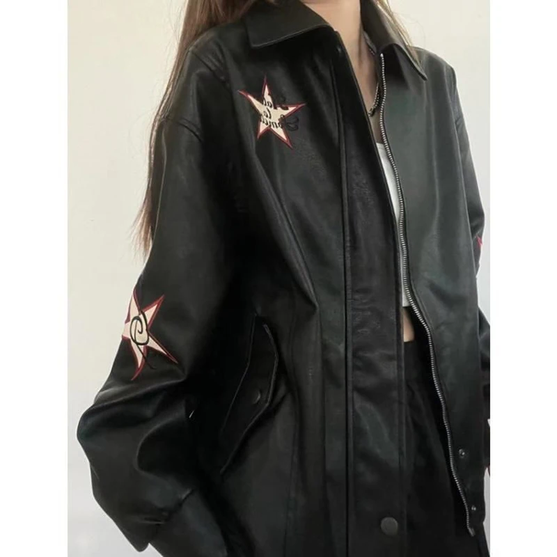 Autumn American Vintage Embroidered Leather Jacket Women Black PU Faux Fur Coat Letter Jaqueta Chaquetas Mujer