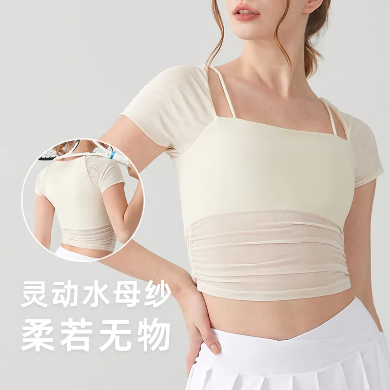 

Desire Style Two-Piece Sports Bra Women With Fixed Chest Pads, Yoga Mesh Short Sleeve Outerwear Running And Fi