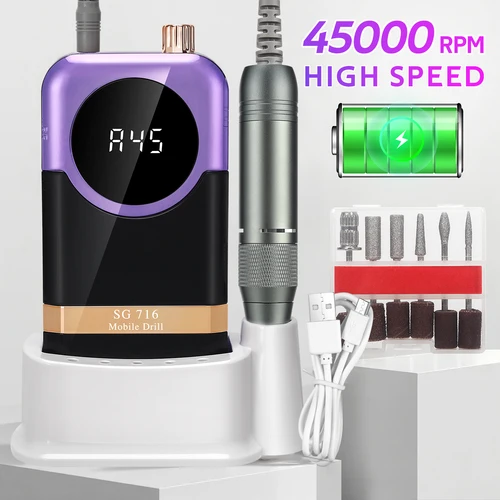 Taladro para uñas profesional de 45000 RPM: motor de alta velocidad, batería de larga duración de 1800 mAh, diseño portátil con clip para cinturón para precisión