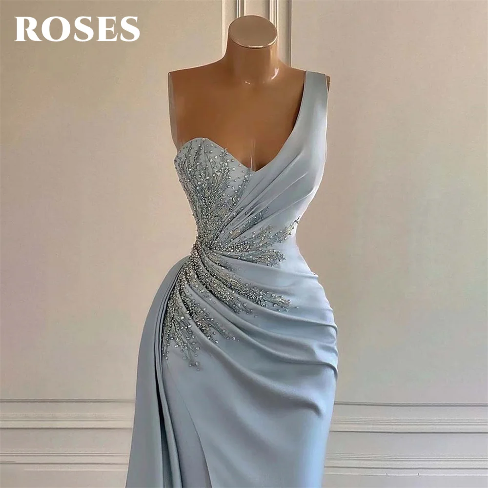 ROSES-vestido de fiesta de un hombro plisado con purpurina, vestido Formal, vestido de noche de sirena, azul claro, mancha, encantador