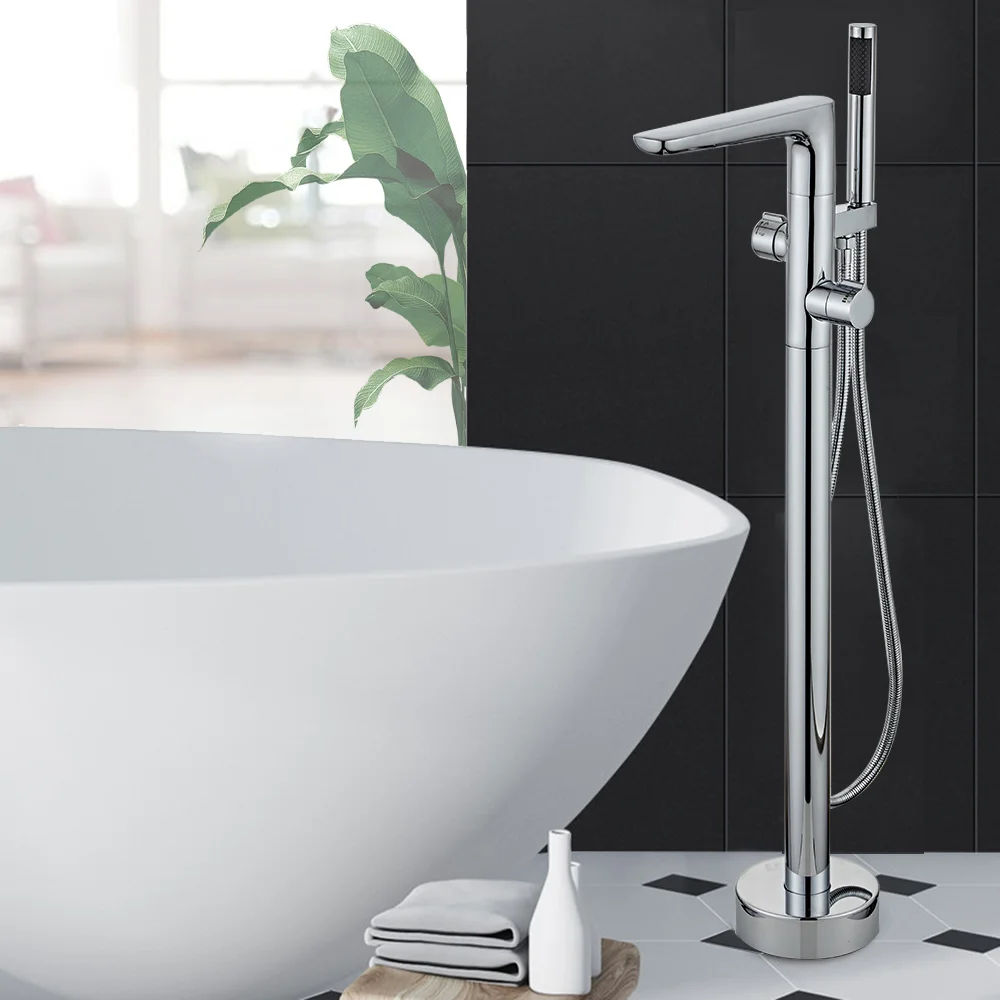 New Fashion Style 304 Stainless Steel Free Standing Brushed Hot And Cold Bathtub Mixer Faucet With Handheld