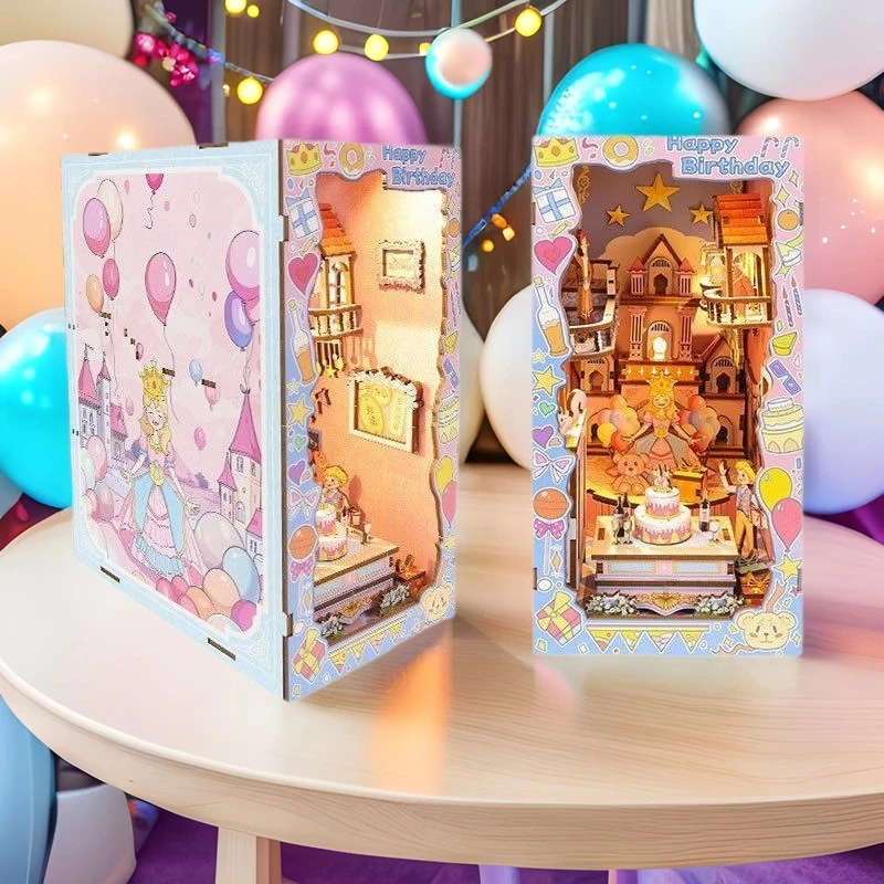 DIY หนังสือไม้ Nook ชั้นวางชุดเค้กวันเกิดแฮปปี้ Miniature ชุดชั้นวางหนังสือ Light Bookend สําหรับของขวัญเพื่อน