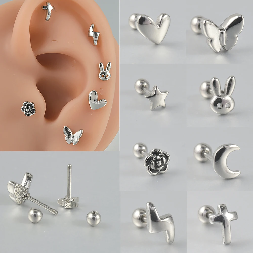 Pendiente de acero quirúrgico para oreja, Piercing de hélice para cartílago, lóbulo de la oreja, Tragus, corazón, conejo, Luna, rosa, Cruz, joyería