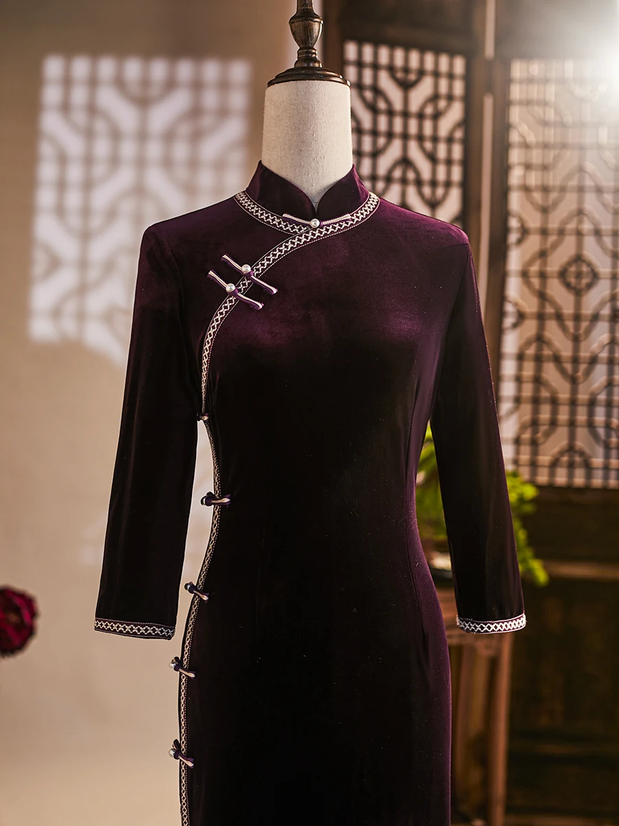 

Velvet Wedding Dr Long Sle Purple Mother of the Bride Winter New Arrival Slim Fit Vintage Chen Long Qipao