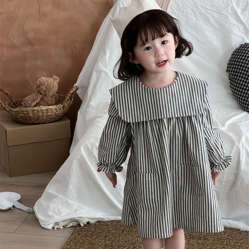 Autumn New Product Korean Version Children's Striped Square Neck Dress 2026 Girls' Sweet Forest Style Pocket Long Sleeved Skirt