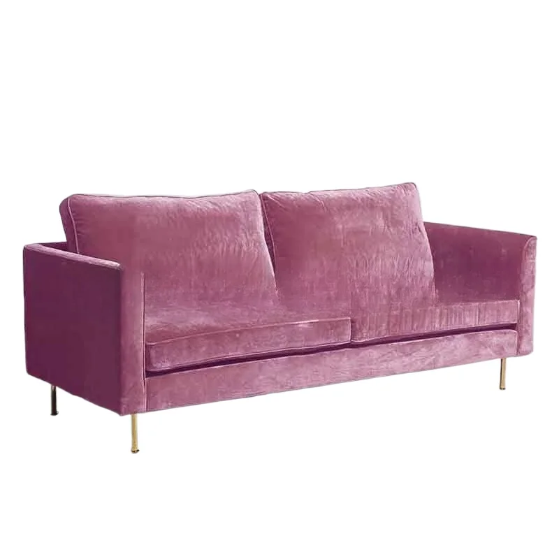 

Nordic fashion pink velvet fabric three-person leisure sofa furniture clubhouse hotel stainless steel reception sofa