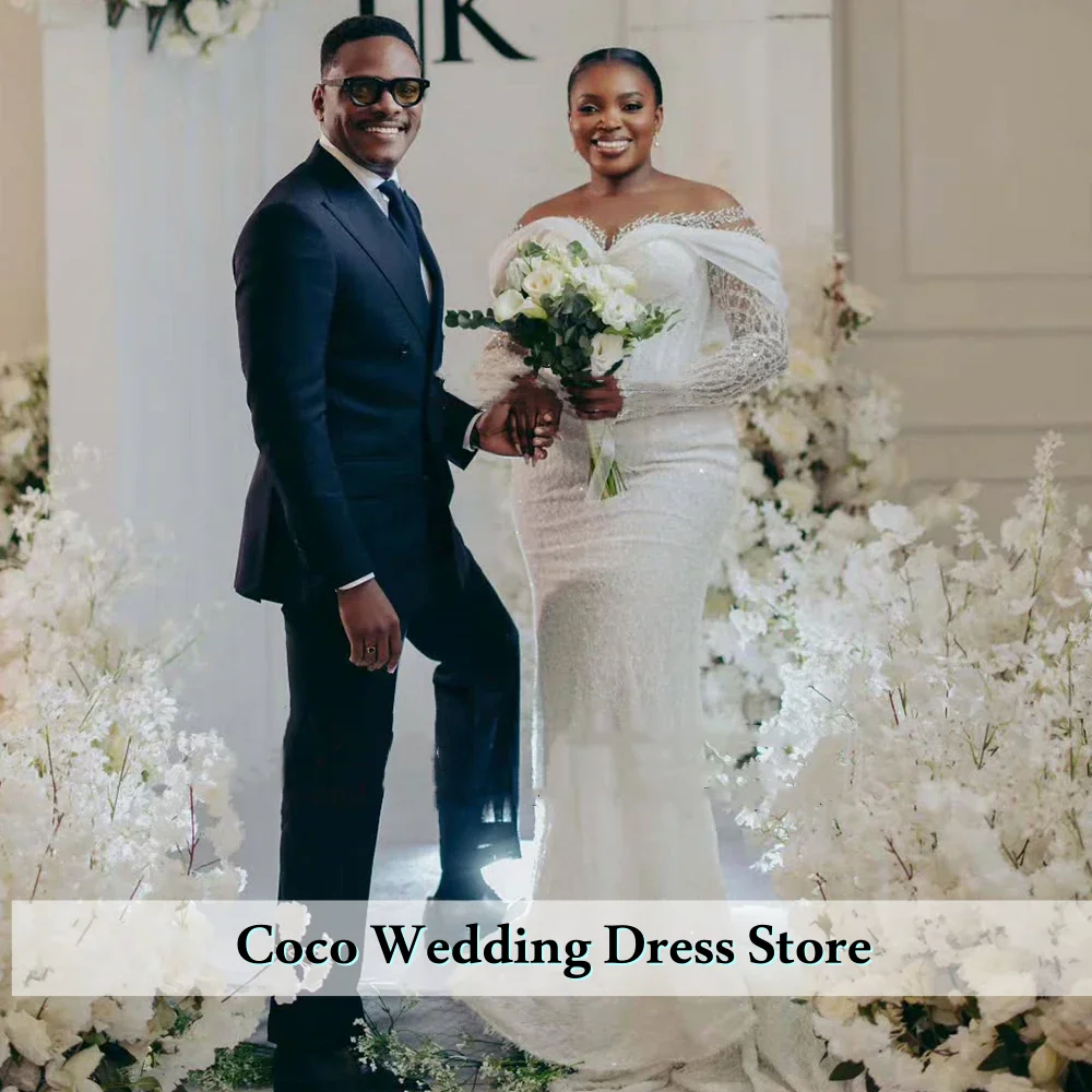 맞춤형 우아한 레이스 웨딩 드레스 긴 소매 반짝이는 인어형 신부 드레스 여성 드레스 웨딩 드레스