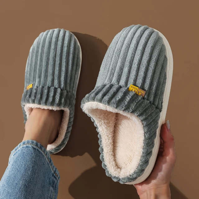 Winter Unisex Concise Solid Color Flat Plush Slippers Non-slip Warm Fluffy Mule Slides For Women Men Home Casual Cotton Shoes