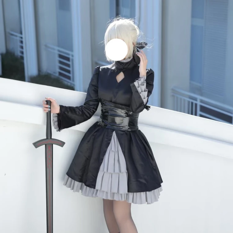 

Altria Pendragon Black Gothic Lolita Cosplay Costume Black Saber Alternative Satin Surface Roleplay Dress Wig Halloween Party