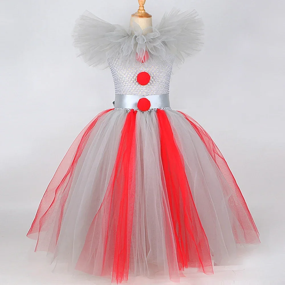 Creepy Killer Clown Long Tutu Dress for Girls Pennywise Joker Halloween Costumes for Kids Carnival Party Fancy Outfit Ball Gown