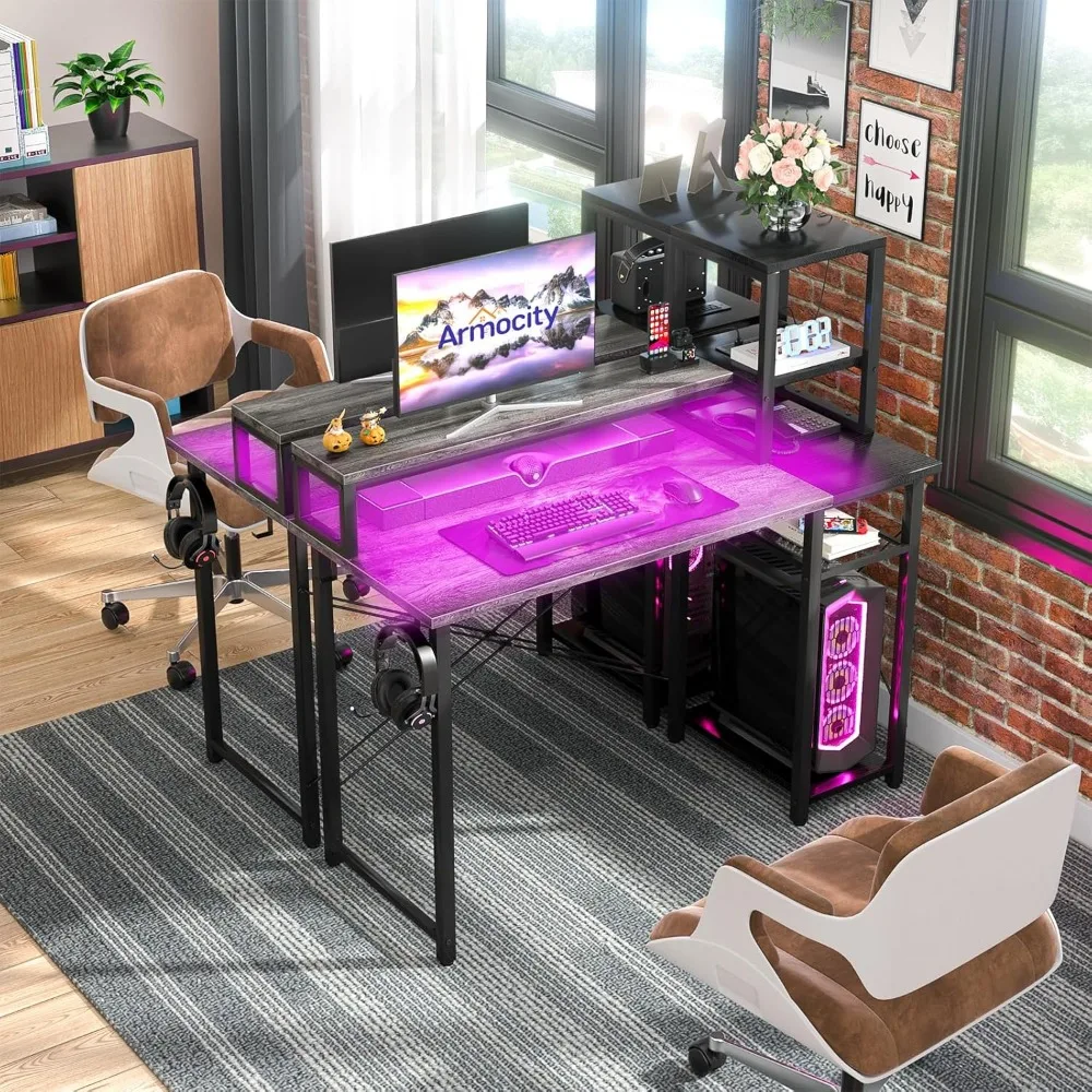 LED-Illuminated Gaming Desk, Long Monitor Stand, 40 Reversible Laptop Table with Storage Space for Computer Accessories
