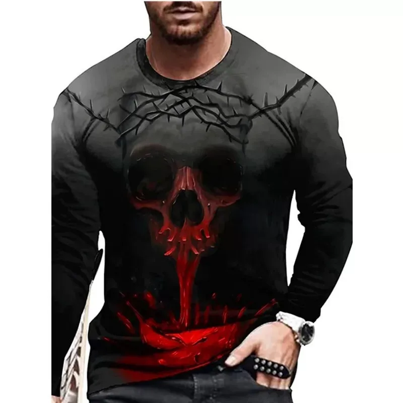 Grim Reaper Horror Gothic Men\'s T-Shirts Evil Style Halloween 3D Print Festival Tops Long Sleeve Casual Street Tee Big Size 6XL