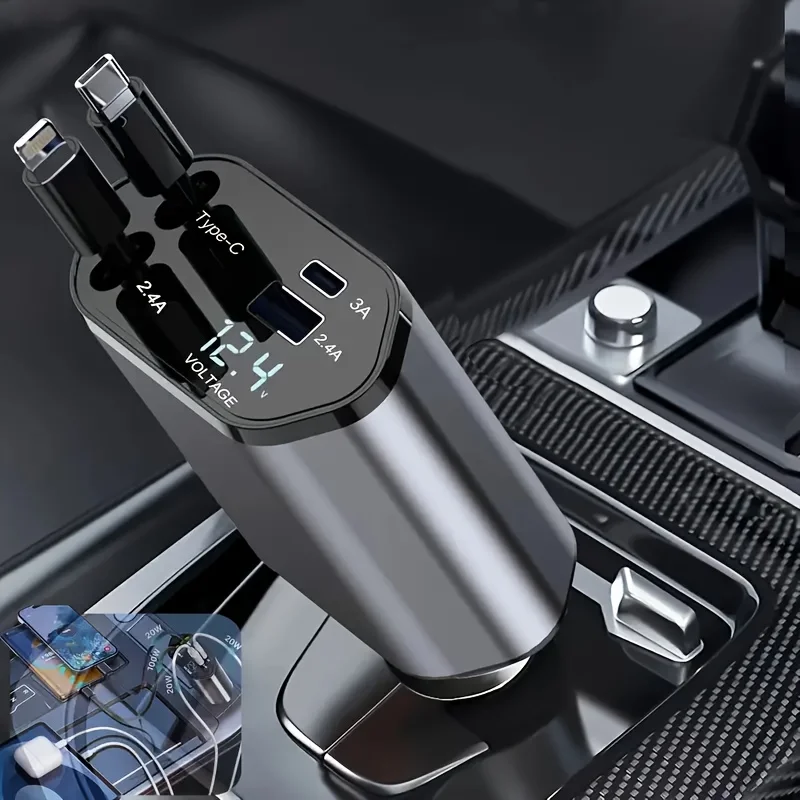 120W Retractable Car Charger, 4 in 1 Fast Car Phone Charger, 180 ° Free Adjustment Direction, with 2.6 Ft Retractable Cord USB C