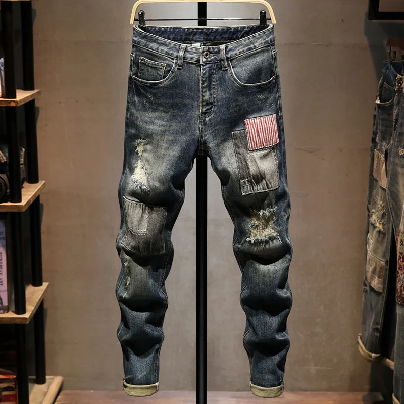 

Street Designer Fashion Men Jeans Retro Washed Blue Stretch Slim Fit Ripped Jeans Men Patched Hip Hop Vintage Denim Pants Hombre