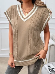 Women's Sweater Vest Top Autumn and Winter Fashion Loose Fit Casual V-neck Striped Contrasting Sleeveless Knitted Sweater